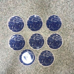 8 Rare Vintage 4.25"‎ Butter Pat Coasters Ironstone Blue White English England D